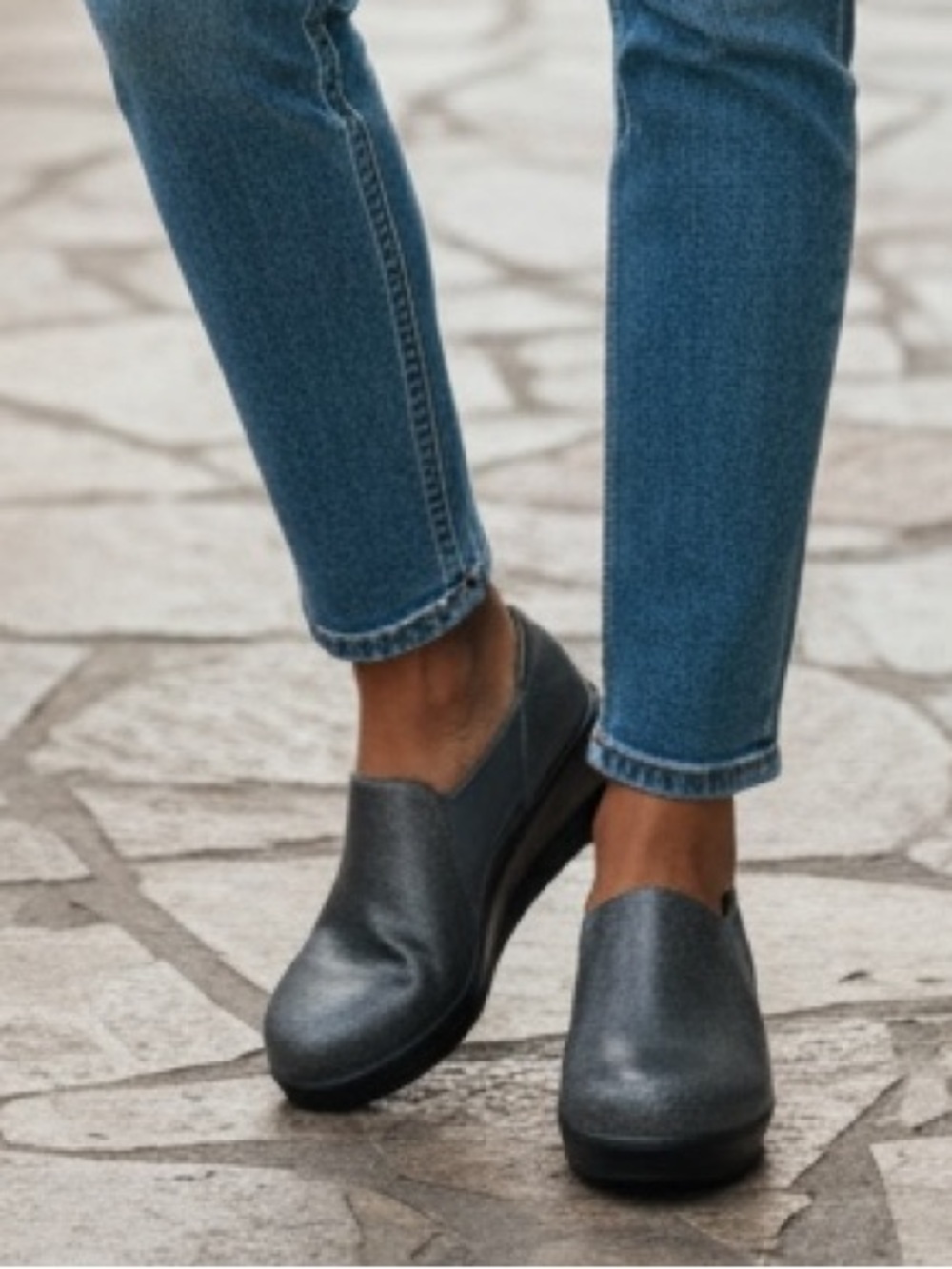 Alegria Leather Slip-On Comfort Loafer in Metallic Gray - Women's
